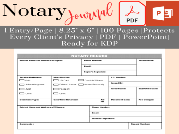 One-Page Notary Log Book for Privacy
